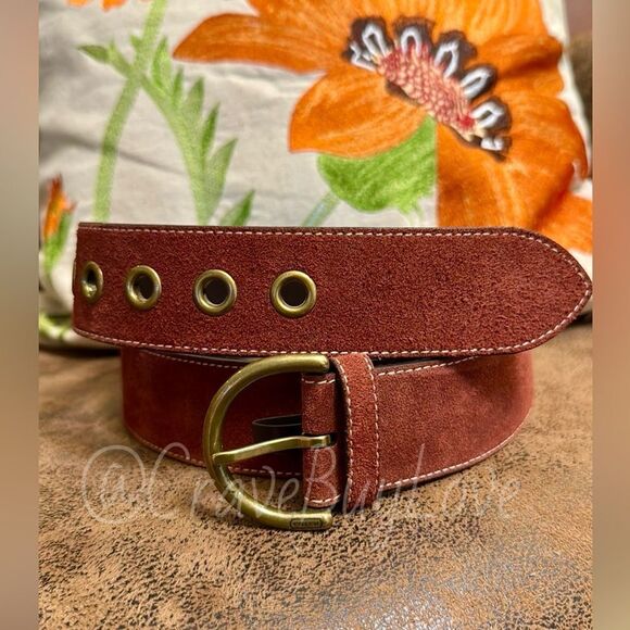 VINTAGE COACH BELT 02/03 SOHO SOLID BRASS BUCKLE GROMMETS RUST SUEDE LEATHER XL - Picture 1 of 12